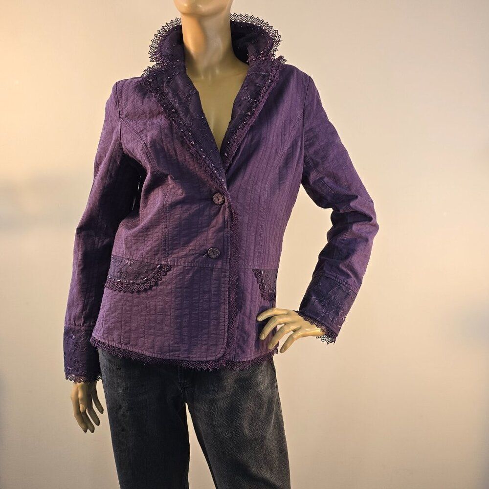 Panitti Purple Blazer Jacket Womens Sz L Embroidered Beaded Lace Embellished